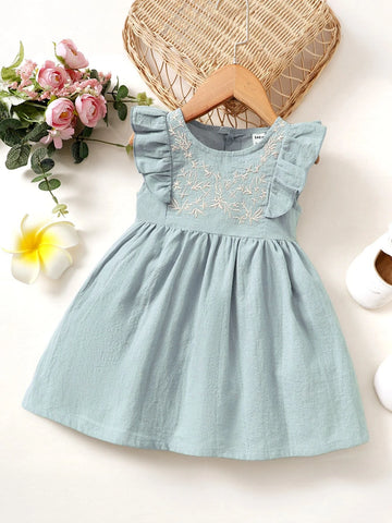 Baby Plants Embroidery Ruffle Trim Dress