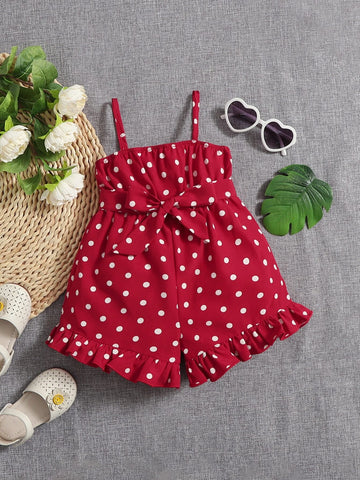 Baby Polka Dot Print Ruffle Hem Belted Cami Romper