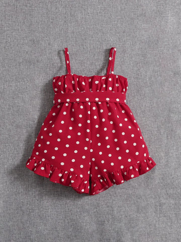 Baby Polka Dot Print Ruffle Hem Belted Cami Romper