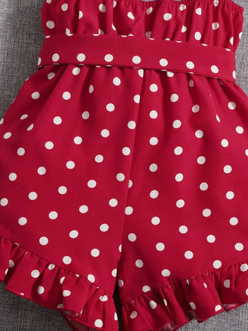Baby Polka Dot Print Ruffle Hem Belted Cami Romper