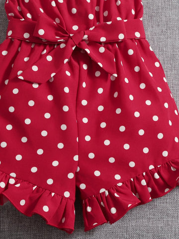 Baby Polka Dot Print Ruffle Hem Belted Cami Romper