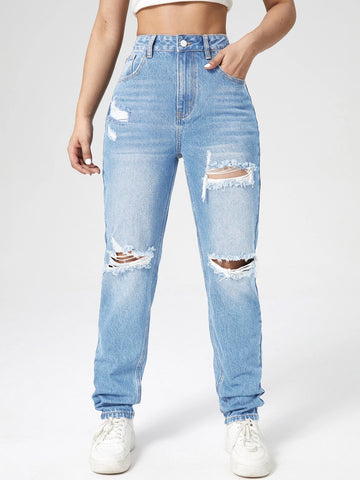 Washed Ripped Mom Jeans