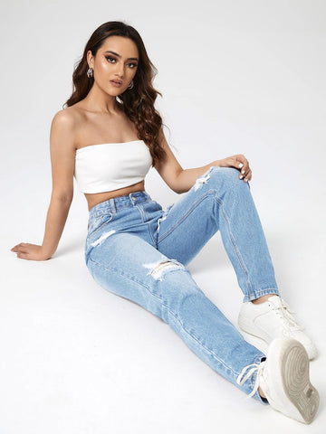 Washed Ripped Mom Jeans