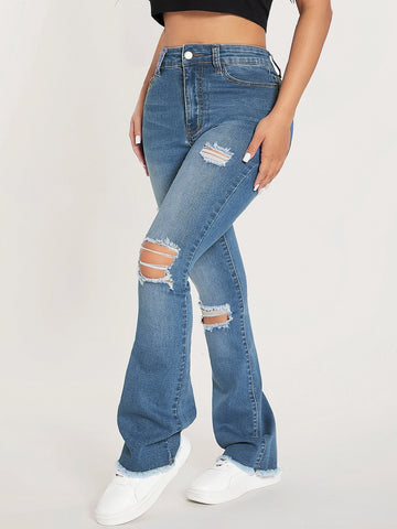PETITE High Waist Ripped Frayed Bootcut Leg Jeans