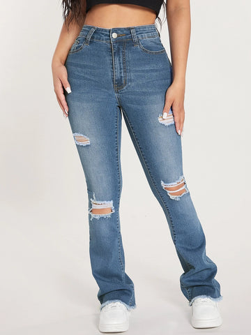 PETITE High Waist Ripped Frayed Bootcut Leg Jeans