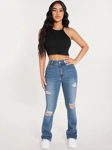 PETITE High Waist Ripped Frayed Bootcut Leg Jeans