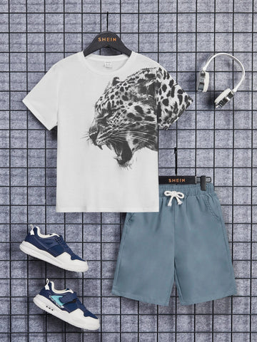 Boys 3D Leopard Print Tee & Drawstring Waist Shorts