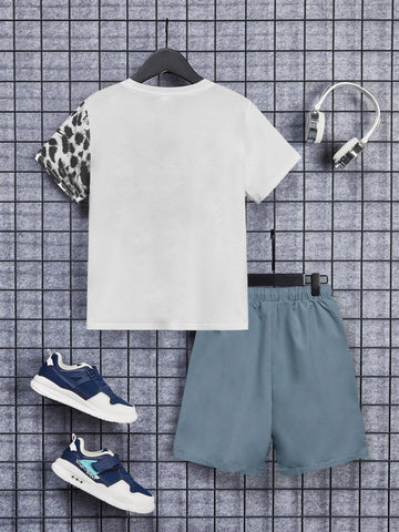 Boys 3D Leopard Print Tee & Drawstring Waist Shorts