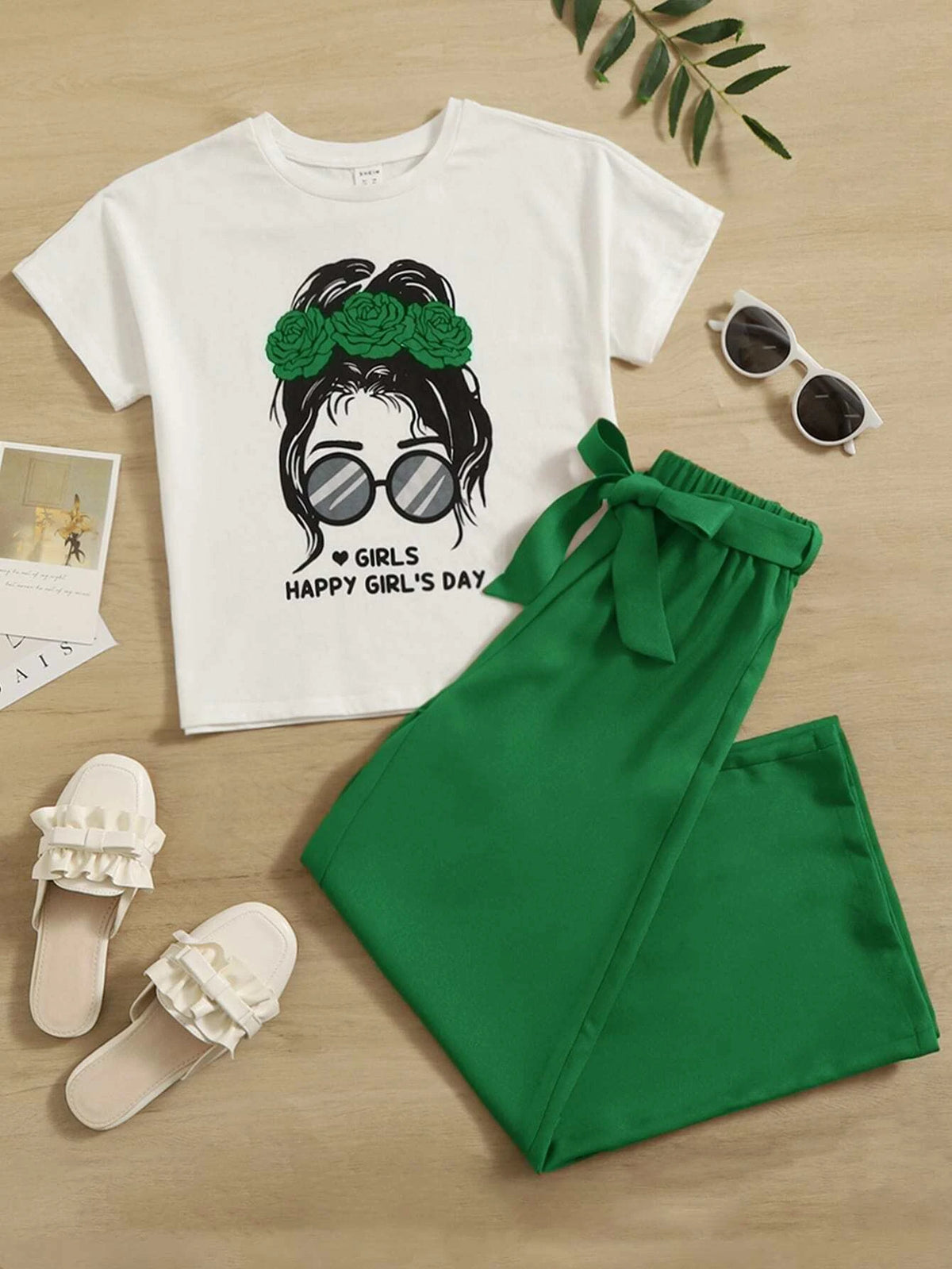 Girls Figure & Letter Graphic Tee and Self Belted Pants