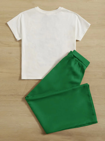 Girls Figure & Letter Graphic Tee and Self Belted Pants