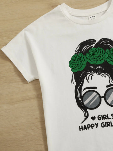 Girls Figure & Letter Graphic Tee and Self Belted Pants