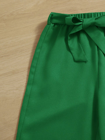 Girls Figure & Letter Graphic Tee and Self Belted Pants