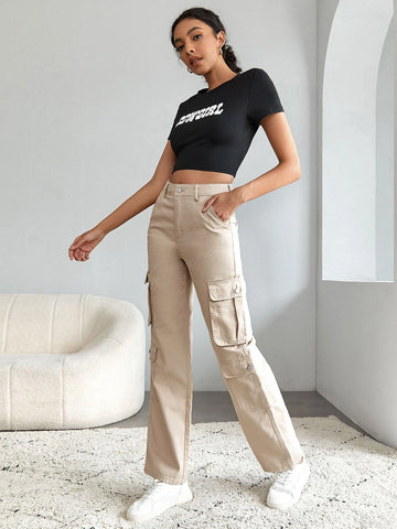 Tall High Waist Flap Pocket Side Cargo Jeans