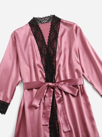 6pack Lace Trim Satin Lingerie Set With Robe