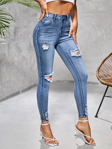 High Waist Ripped Frayed Skinny Jeans
