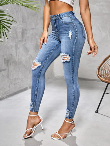 High Waist Ripped Frayed Skinny Jeans