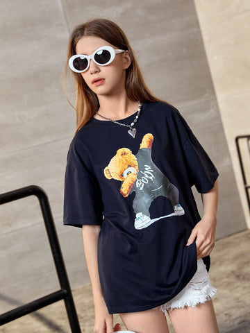 Teen Girls Cartoon Bear Print Drop Shoulder Tee