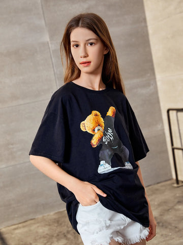 Teen Girls Cartoon Bear Print Drop Shoulder Tee