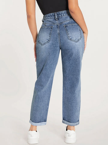 PETITE Ripped Cut Out Straight Leg Jeans