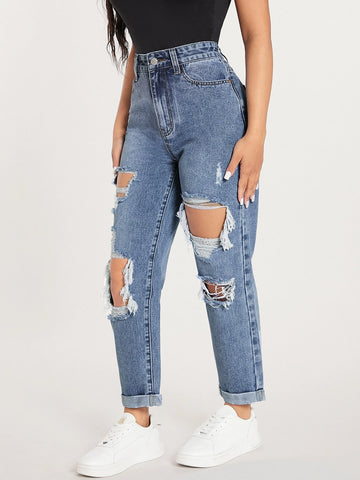 PETITE Ripped Cut Out Straight Leg Jeans