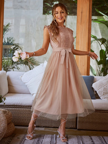 Simplee Contrast Lace Belted Mesh Dress