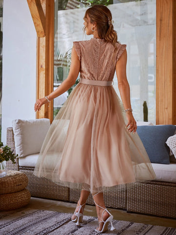 Simplee Contrast Lace Belted Mesh Dress