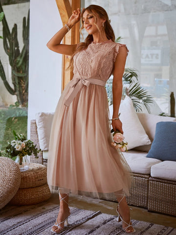 Simplee Contrast Lace Belted Mesh Dress