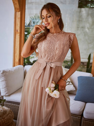 Simplee Contrast Lace Belted Mesh Dress