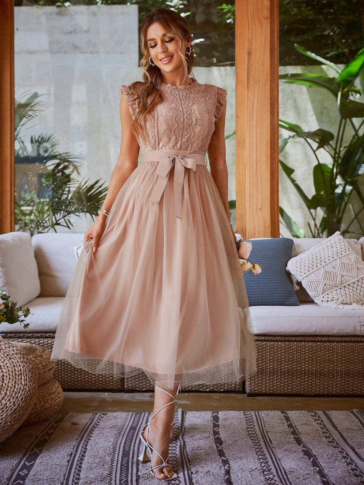 Simplee Contrast Lace Belted Mesh Dress