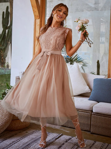 Simplee Contrast Lace Belted Mesh Dress