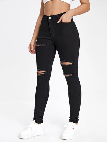 Slant Pocket Ripped Skinny Jeans