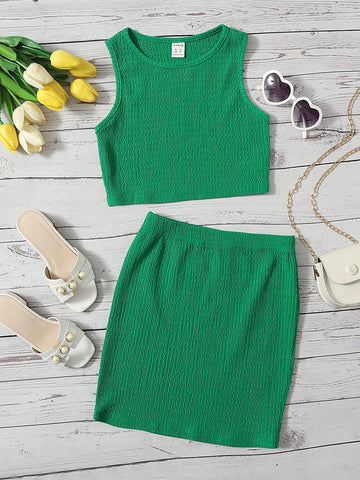 Girls Solid Tank Top & Skirt