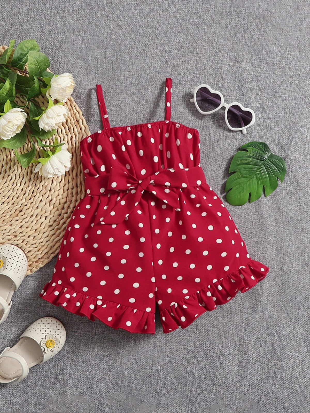 Baby Polka Dot Print Ruffle Hem Belted Cami Romper