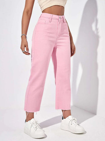 High Waist Raw Hem Straight Leg Jeans