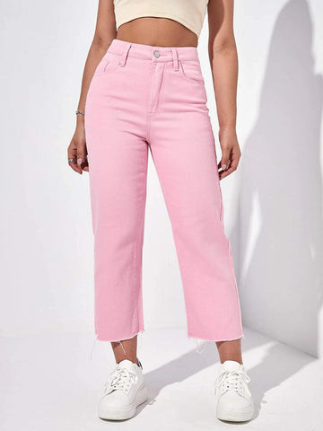 High Waist Raw Hem Straight Leg Jeans