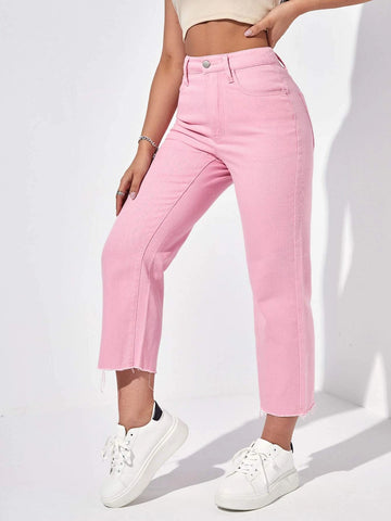 High Waist Raw Hem Straight Leg Jeans