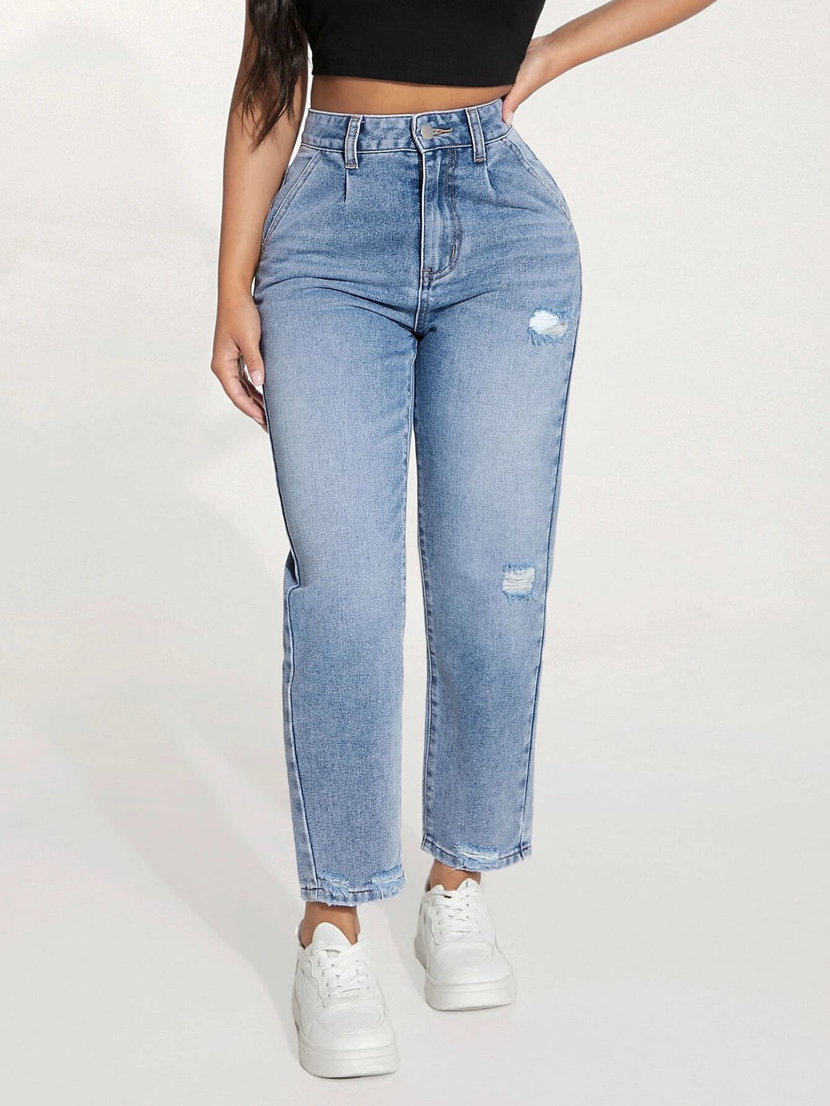 PETITE High Waist Ripped Frayed Straight Leg Jeans