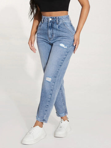 PETITE High Waist Ripped Frayed Straight Leg Jeans