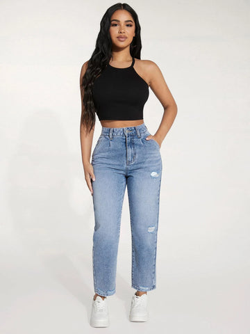 PETITE High Waist Ripped Frayed Straight Leg Jeans