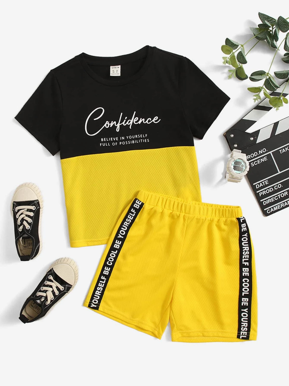 Toddler Boys Slogan Graphic Two Tone Tee & Tape Panel Shorts