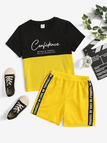 Toddler Boys Slogan Graphic Two Tone Tee & Tape Panel Shorts