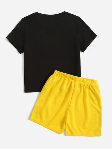 Toddler Boys Slogan Graphic Two Tone Tee & Tape Panel Shorts
