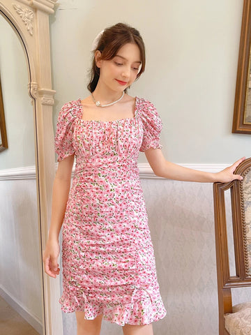 Teen Girls Allover Floral Print Puff Sleeve Ruffle Hem Dress