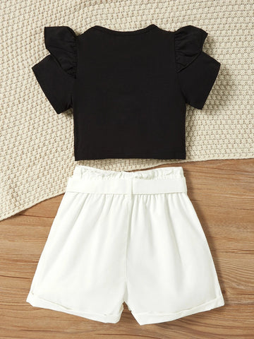 Girls Ruffle Trim Tee & Belted Shorts