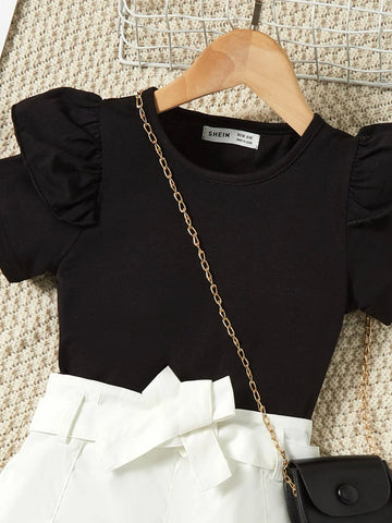 Girls Ruffle Trim Tee & Belted Shorts