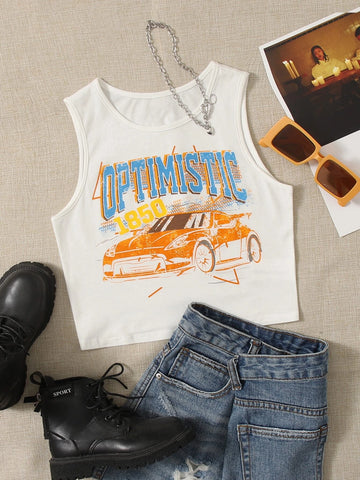 Teen Girls Letter and Car Print Tank Top