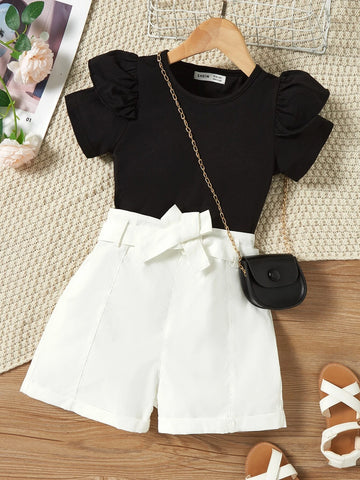 Girls Ruffle Trim Tee & Belted Shorts Without Bag