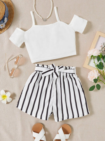 Girls Cold Shoulder Tee With Striped Belted Shorts