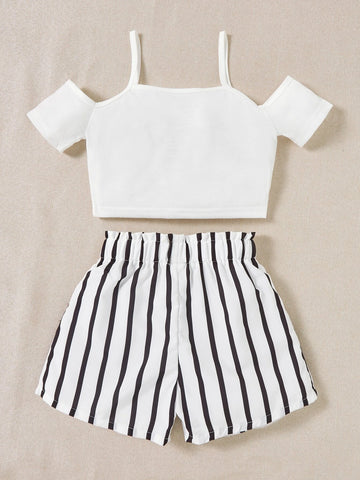 Girls Cold Shoulder Tee With Striped Belted Shorts