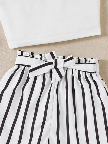 Girls Cold Shoulder Tee With Striped Belted Shorts